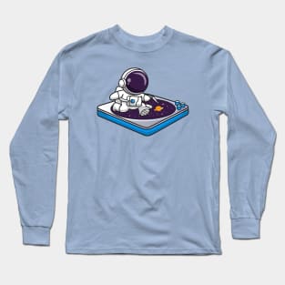 Cute Astronaut Running On Vinyl Space Music Cartoon Long Sleeve T-Shirt